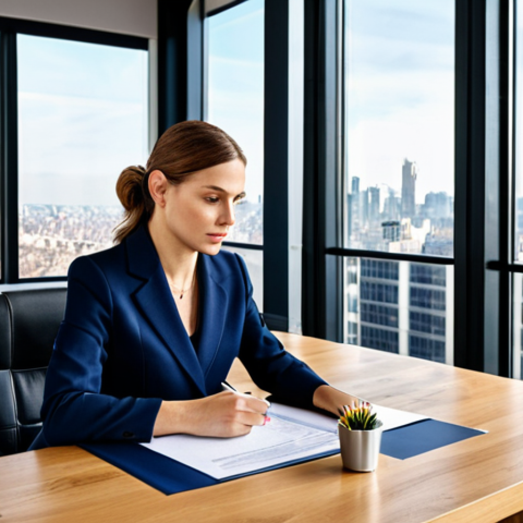 **
A professional businesswoman in a tailored, navy blue business suit, sitting at a large oak desk in a bright, modern office with large windows overlooking a cityscape. She is reviewing documents. Fully clothed, appropriate attire, safe for work, perfect anatomy, natural proportions, professional photography, high quality, modest clothing.
**