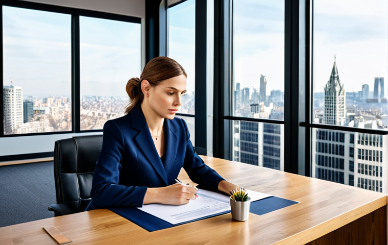 **
A professional businesswoman in a tailored, navy blue business suit, sitting at a large oak desk in a bright, modern office with large windows overlooking a cityscape. She is reviewing documents. Fully clothed, appropriate attire, safe for work, perfect anatomy, natural proportions, professional photography, high quality, modest clothing.
**