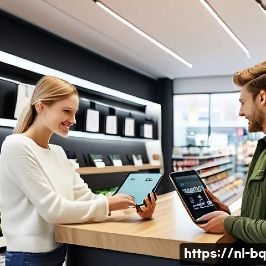 고객 피드백 시스템 구축을 위한 성공적인 사례 - A modern Dutch retail store checkout area featuring a sleek tablet mounted on the counter where cust...