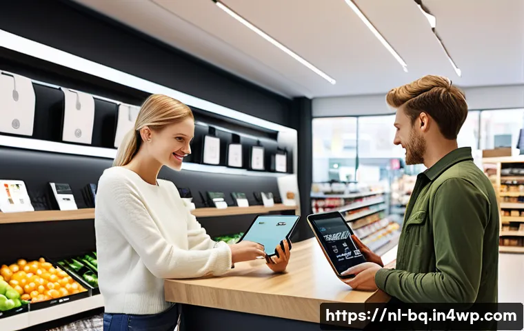 고객 피드백 시스템 구축을 위한 성공적인 사례 - A modern Dutch retail store checkout area featuring a sleek tablet mounted on the counter where cust...