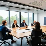 Home 19 고객 피드백 시스템 구축의 변화 관리 - A modern Dutch office environment showing a diverse team of professional employees engaged in an int...