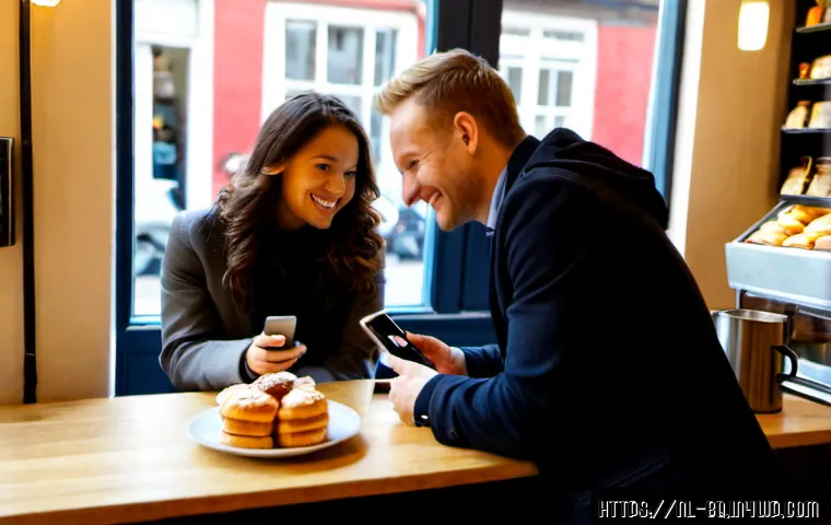 Home 17 효과적인 고객 피드백 요청 템플릿 - Photorealistic Dutch small-business owner in a bright Amsterdam café, warmly handing a smartphone wi...